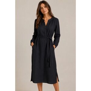 J.Crew Women Linen Midi Dress Black S Long Sleeve Belted V-Neck Coastal Linen